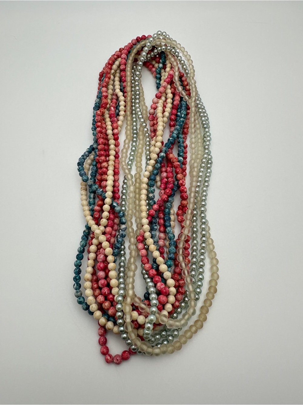 Classic Multicolor Beaded Necklace Set of Five - Red, Teal, Cream, Pearl, Silver - Picture 9 of 10